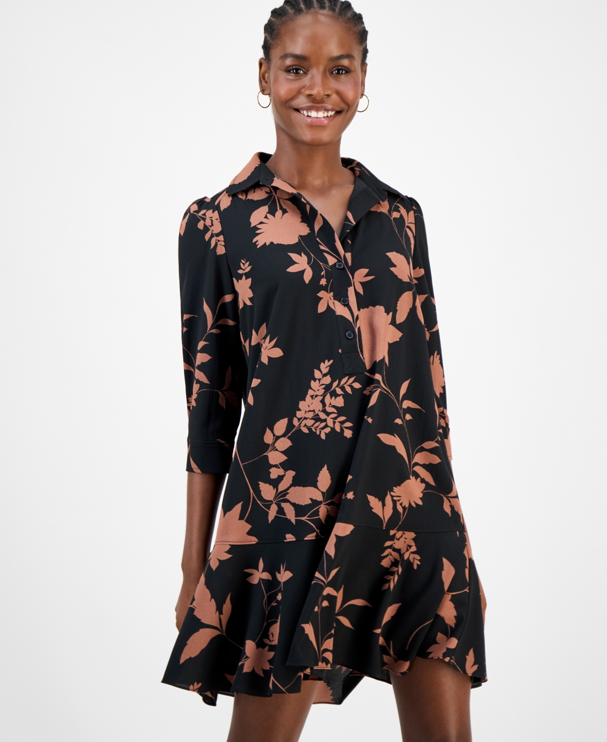 Robbie Bee Petite Printed Button-front Shift Dress In Black