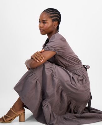 Petite Puff-Sleeve Tiered Midi Dress