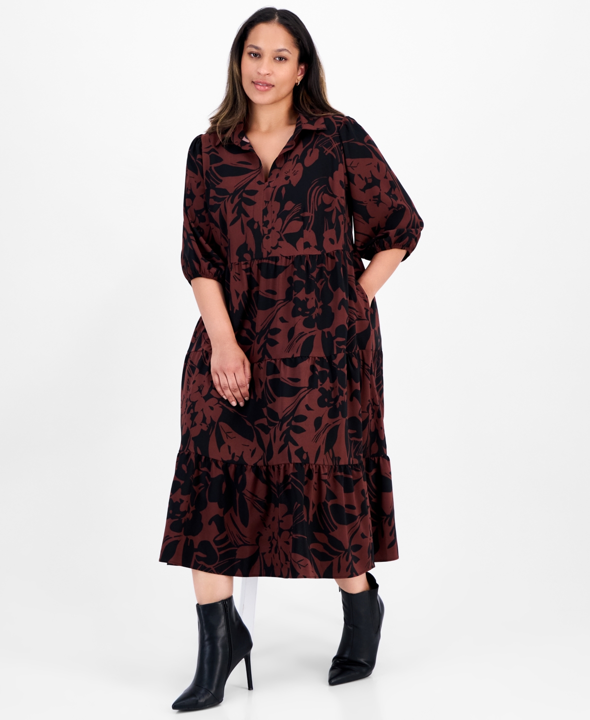 Sandra Darren Plus Size 3/4-sleeve Tiered Midi Dress In Brown