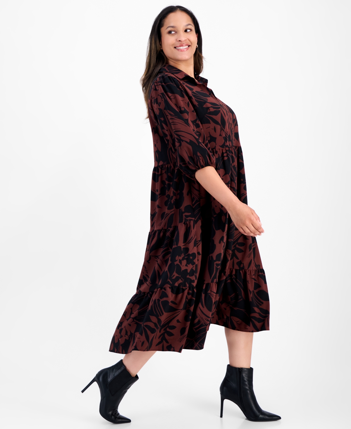 Sandra Darren Plus Size 3/4-sleeve Tiered Midi Dress In Brown