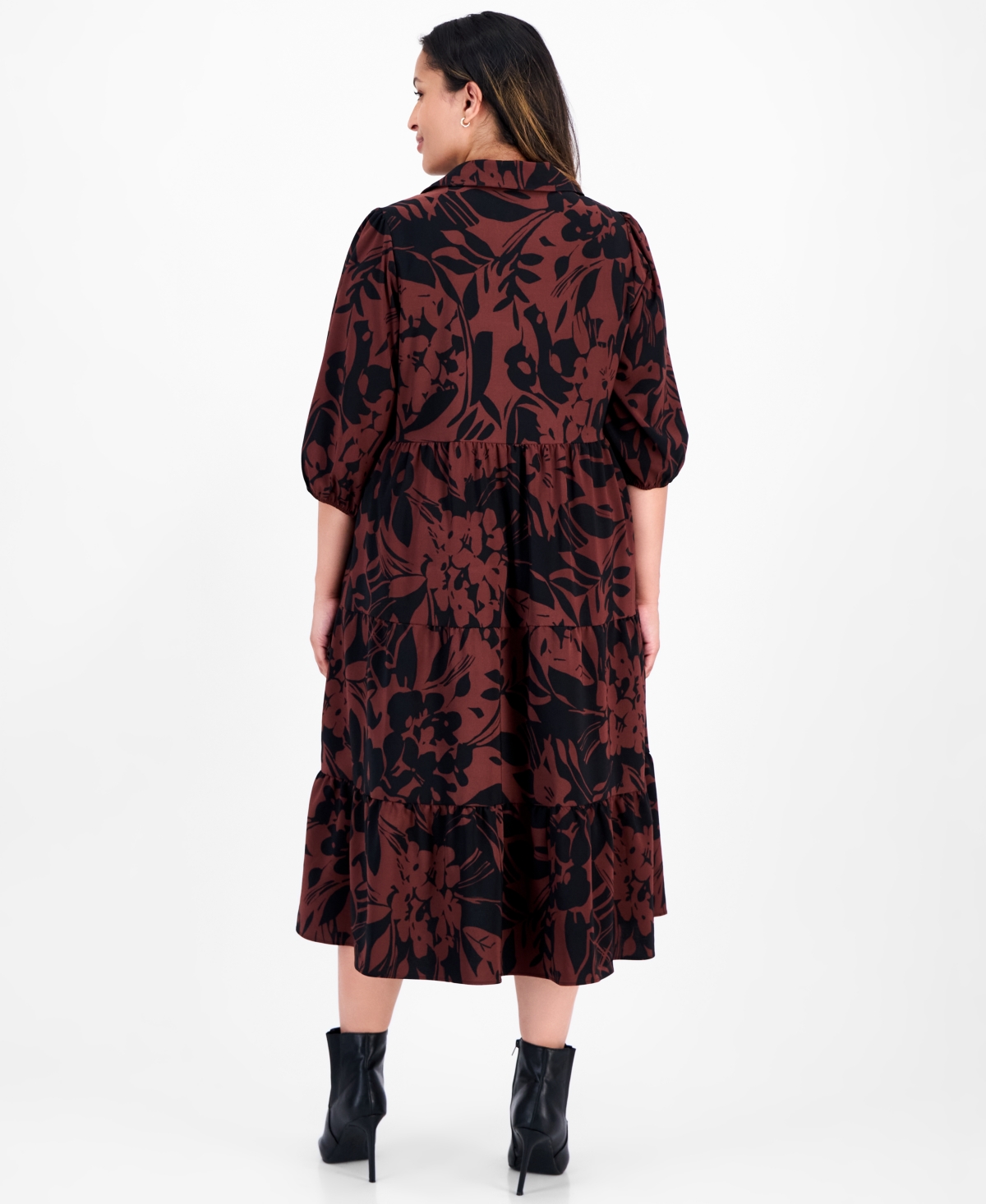 Sandra Darren Plus Size 3/4-sleeve Tiered Midi Dress In Brown