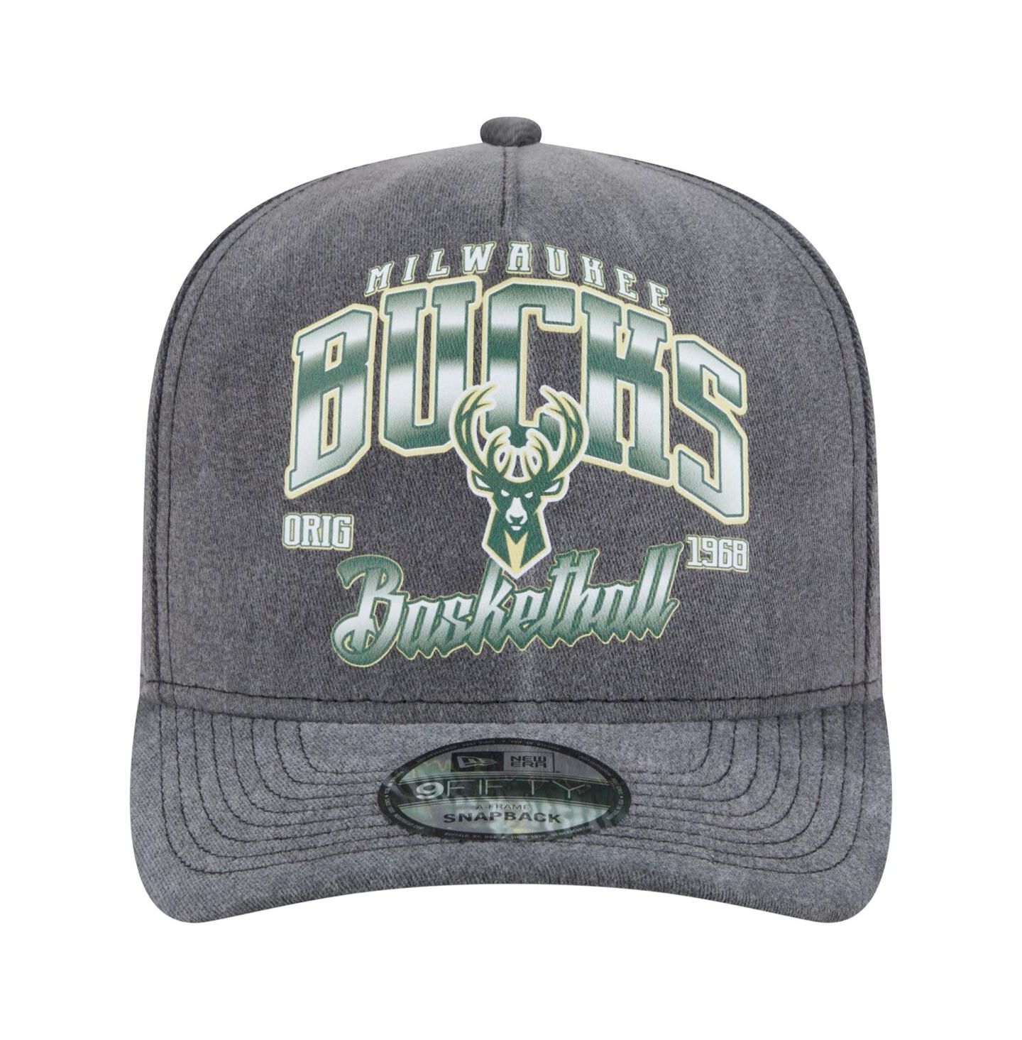 Мужская кепка New Era Charcoal Milwaukee Bucks Throwback Washed Pre-Curved 9FIFTY Snapback Hat — фото 2