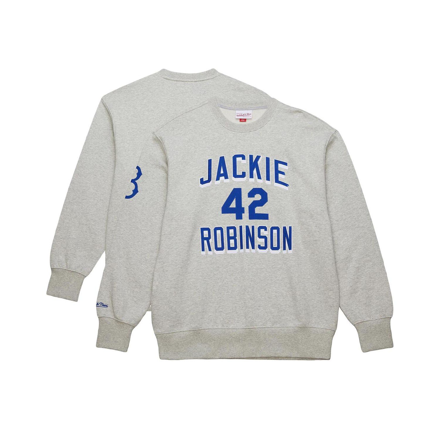 Men's Jackie Robinson Heather Gray Brooklyn Dodgers Legends Collection Vintage Logo Name & Number Fleece Pullover Sweatshirt