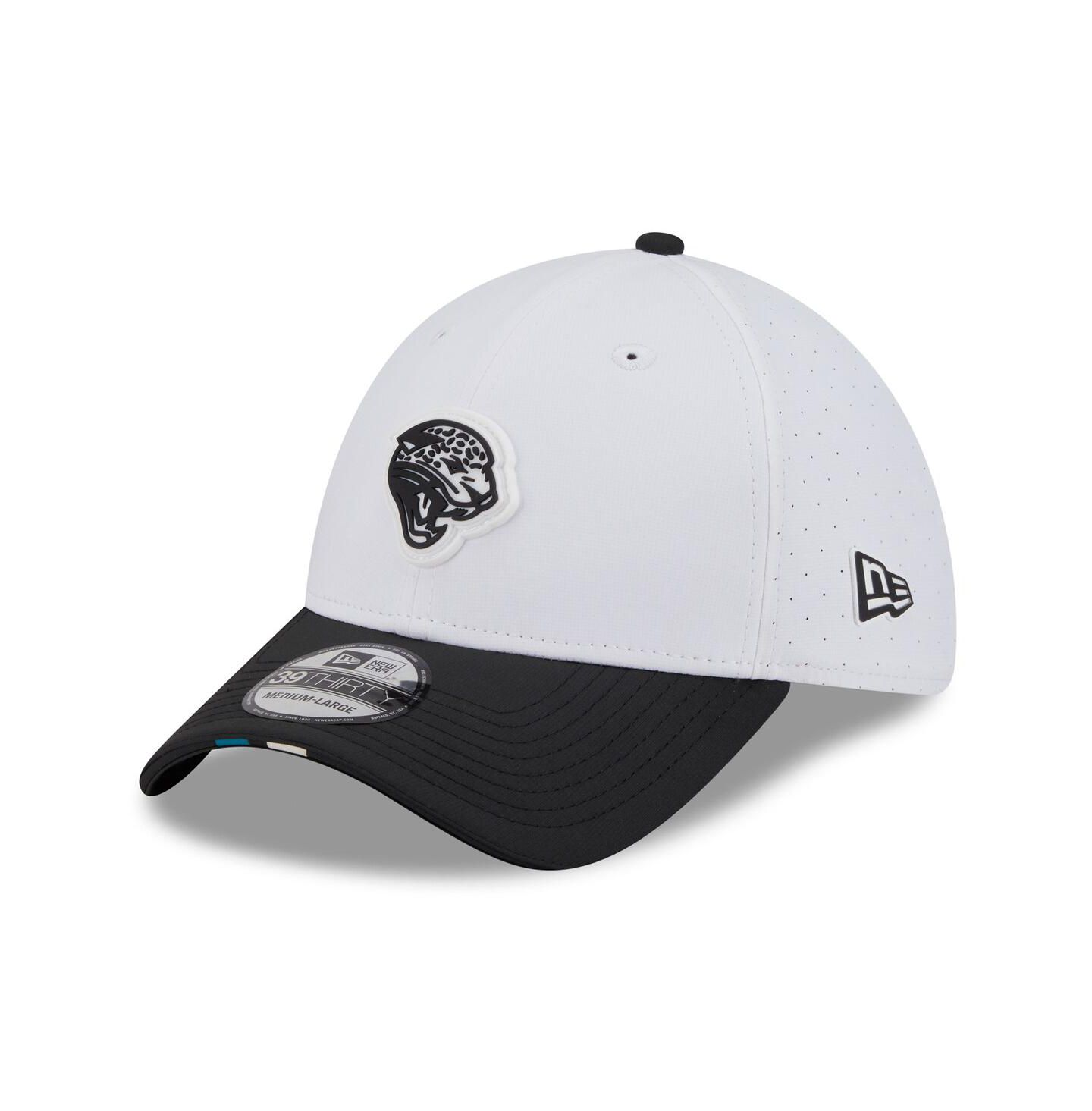 Мужская кепка New Era White/Black Jacksonville Jaguars 2025 NFL Training Camp Throwback Logo 39THIRTY Flex Hat — фото 1