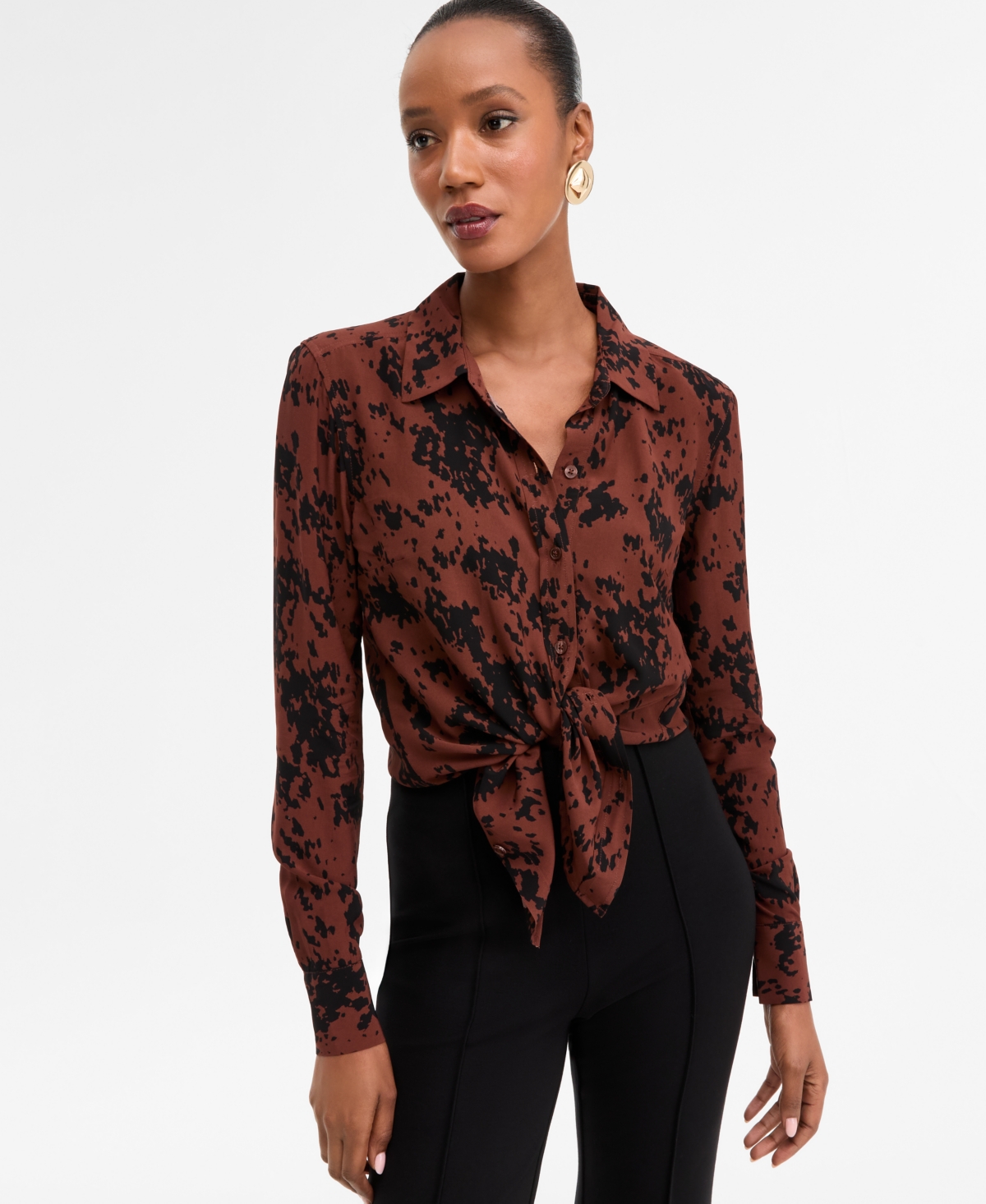 Inc International Concepts Women's Printed Button-front Shirt, Macy's Exclusive In Brown