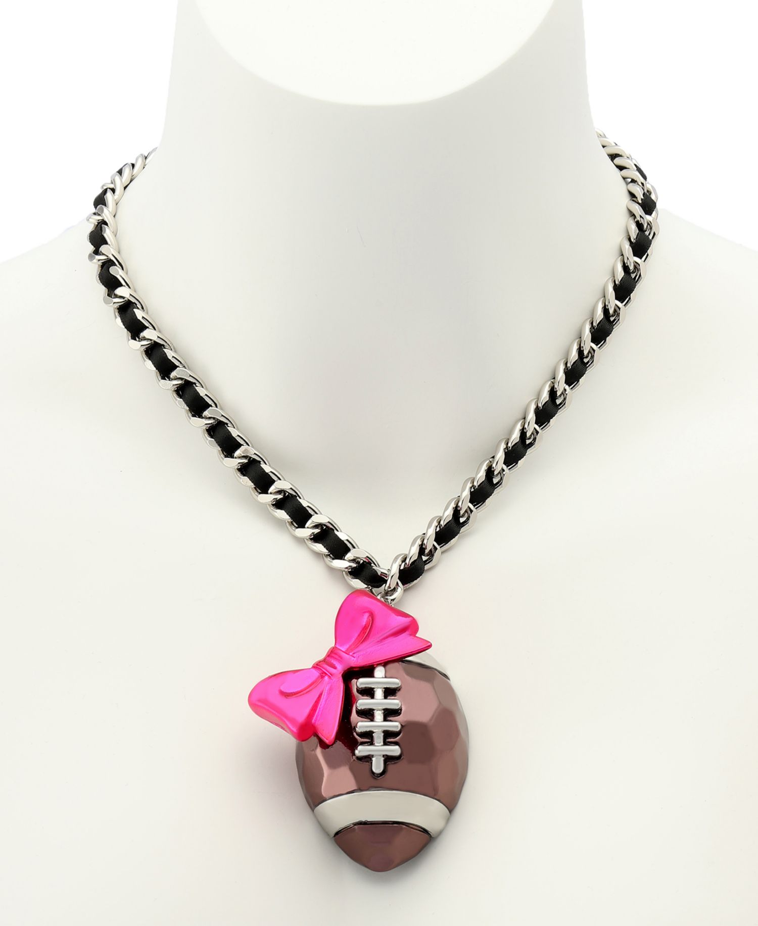 Pink Kick Off Bow Football Pendant Statement Necklace