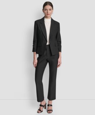 Dkny Womens Pinstripe Ruched Sleeve One Button Blazer Womens Mid Rise Pinstripe Pants In Black