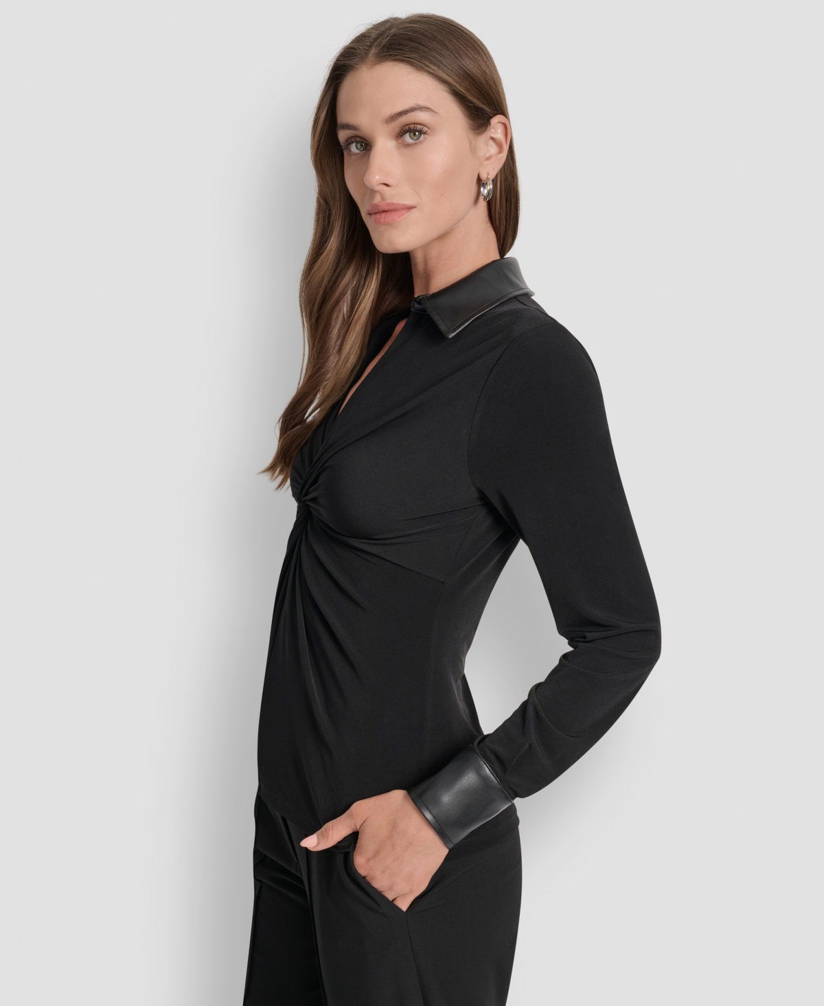 Dkny Mixed Media Long Sleeve Knot Front Top In Black