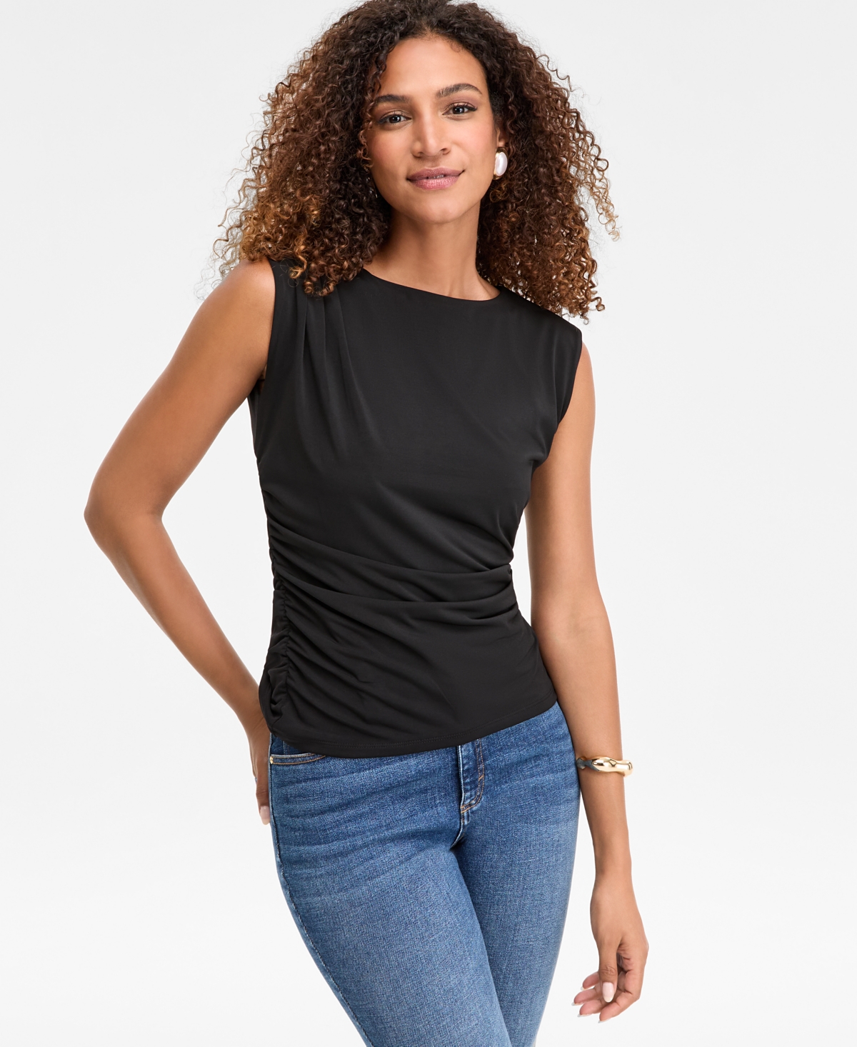 I.n.c. International Concepts Women's Short-Sleeve Ruched Boatneck Top, Macy's Exclusive