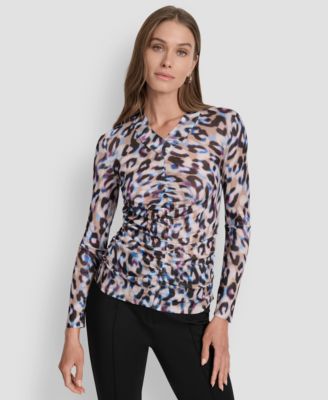 DKNY - Women's Printed V-Neck Ruched Top