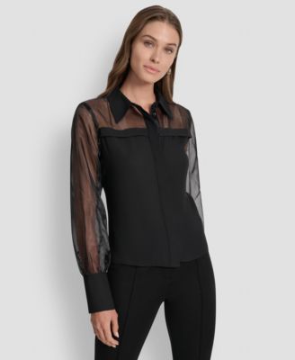 Women's Mixed-Media Organza Long-Sleeve Blouse