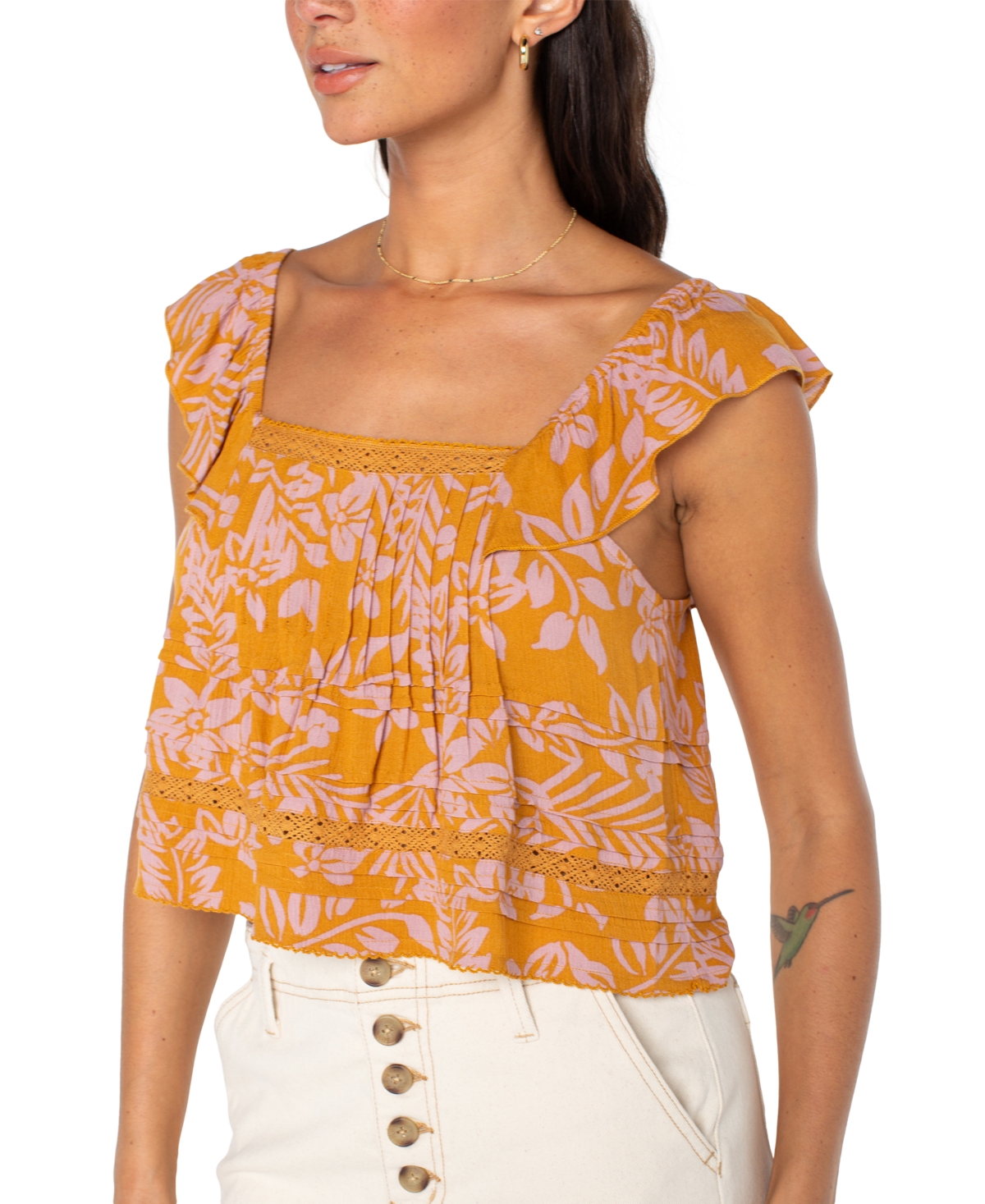 Roxy Juniors' Coastal Rays Seamed Flutter-Sleeve Cropped Top