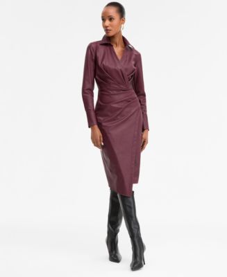 knee length dresses for ladies Miss Circle Women Baila Burgundy Faux Leather Blazer Mini Dress