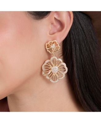 Gold-Tone Floral Drop Earrings with Pave Crystal Accents