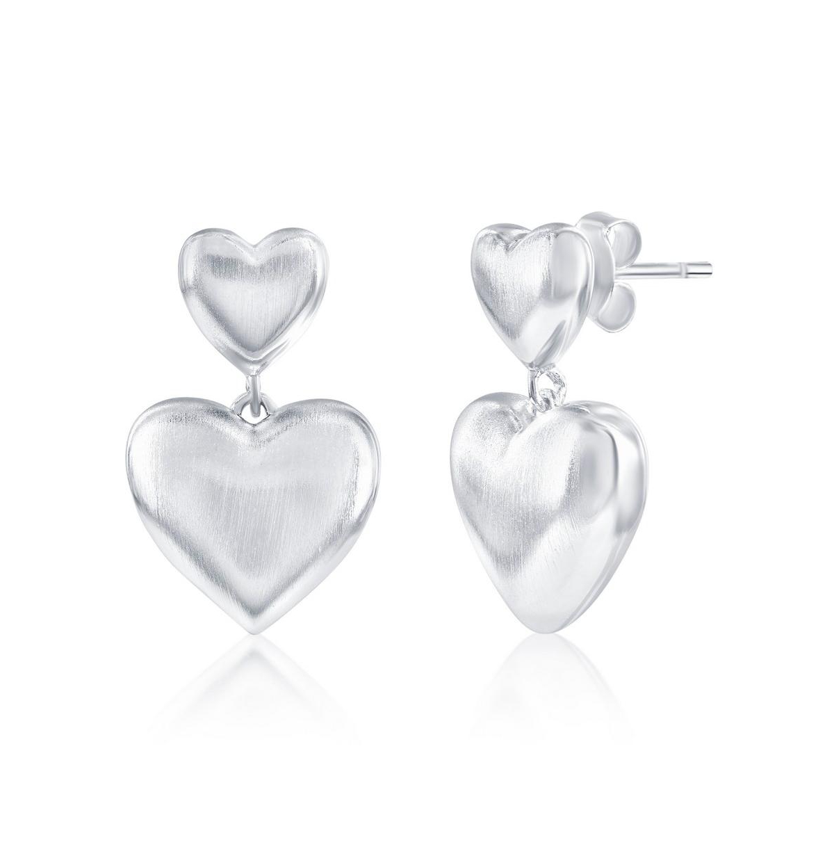 Sterling Silver, Double Heart, Matte Puffed Earrings - Silver
