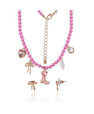 Charm Necklace & Earrings Set - Pink & Gold Western Style