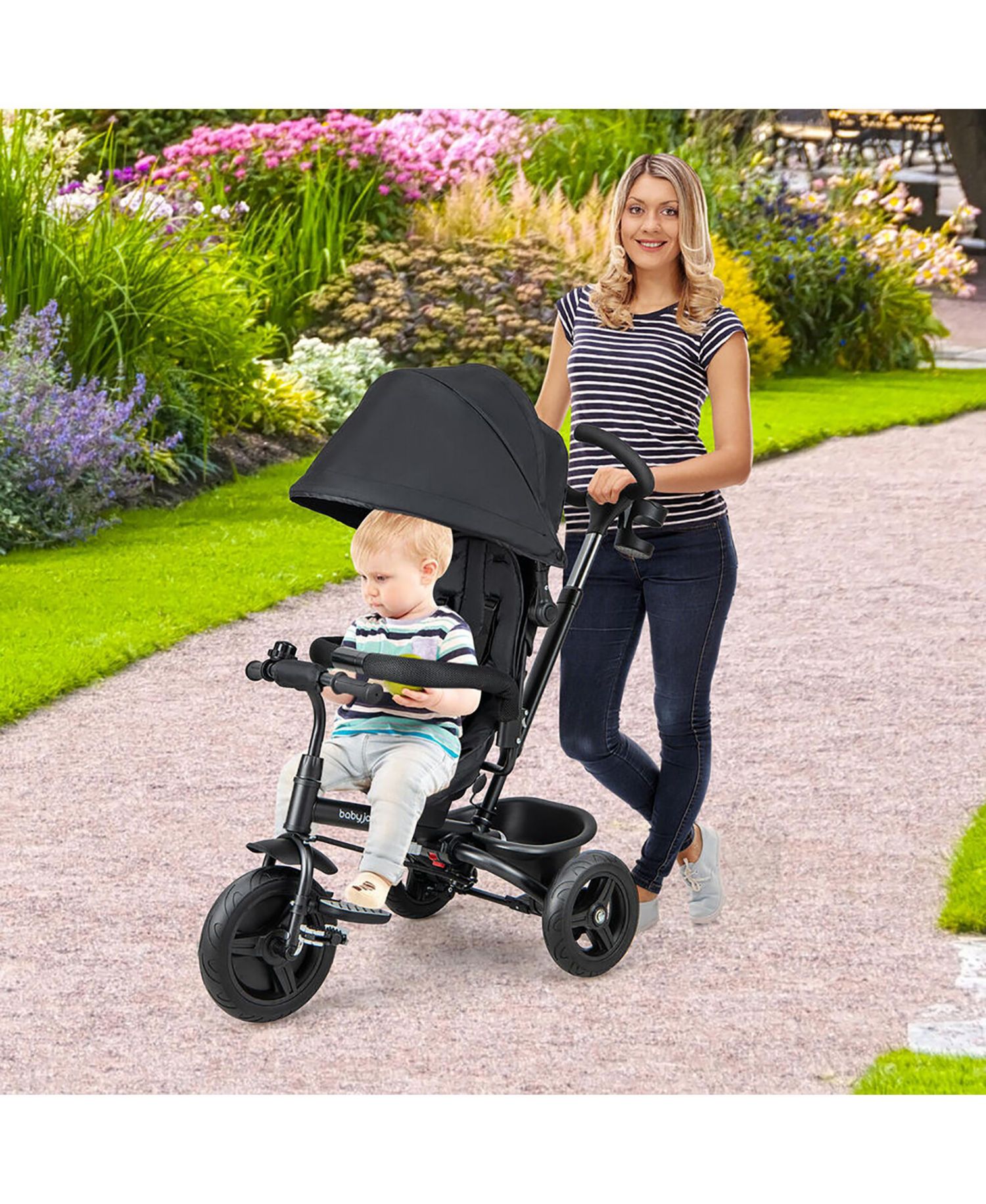 4-in-1 Baby Tricycle Toddler Trike with Reversible Seat Canopy and Push Handle