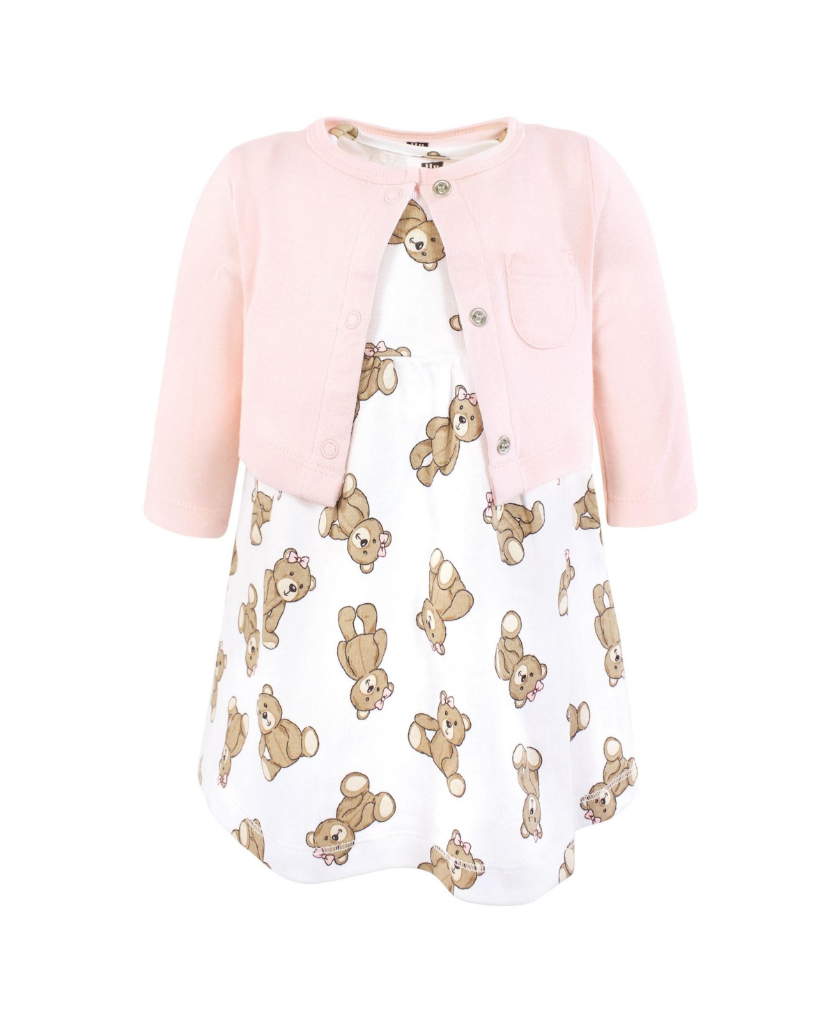 Hudson Baby Baby Girls Hudson Cotton Dress and Cardigan Set, Pink Teddy Bears - Pink teddy bears