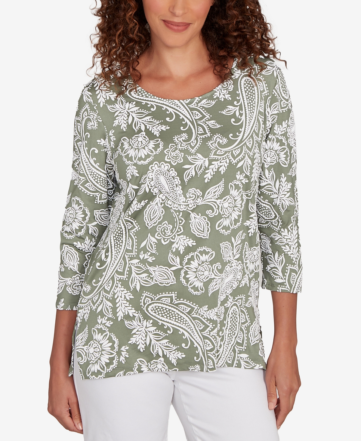 Petite Jacobean Paisley Puff Print Top - Navy/White
