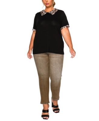 Plus Size Leopard Print Mesh Collar Keyhole Back Short Sleeve Top