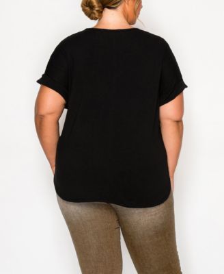 Plus Size Leopard Print Mesh Pocket Shoulder Rolled Sleeve Top