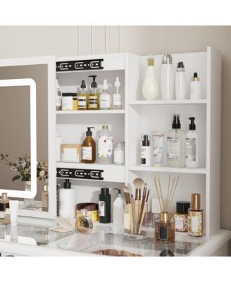 White Wood Makeup Vanity Set Dressing Desk with Glass Top
