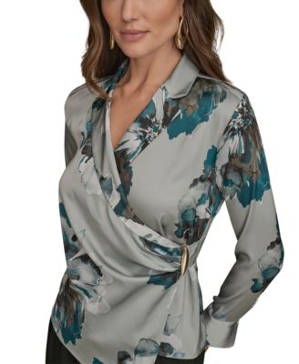 Petites Long-Sleeve Printed Shawl-Collar Blouse