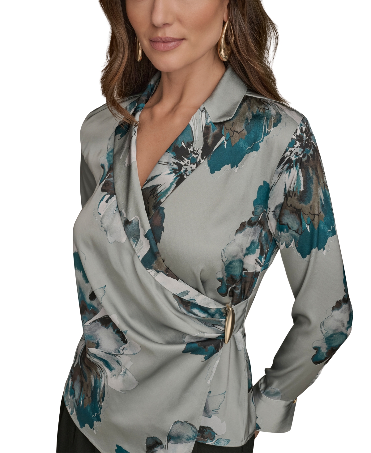Donna Karan Women's Long-sleeve Printed Shawl-collar Blouse, Regular & Petite In Gray