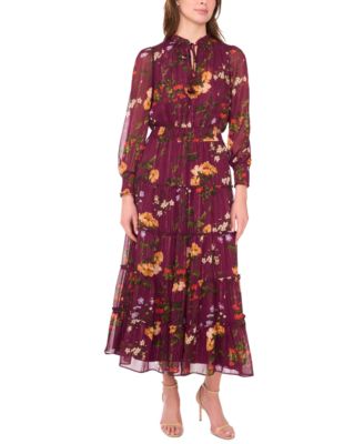 MSK - Women's Long-Sleeve Tie-Neck Smocked-Waist Maxi Dress