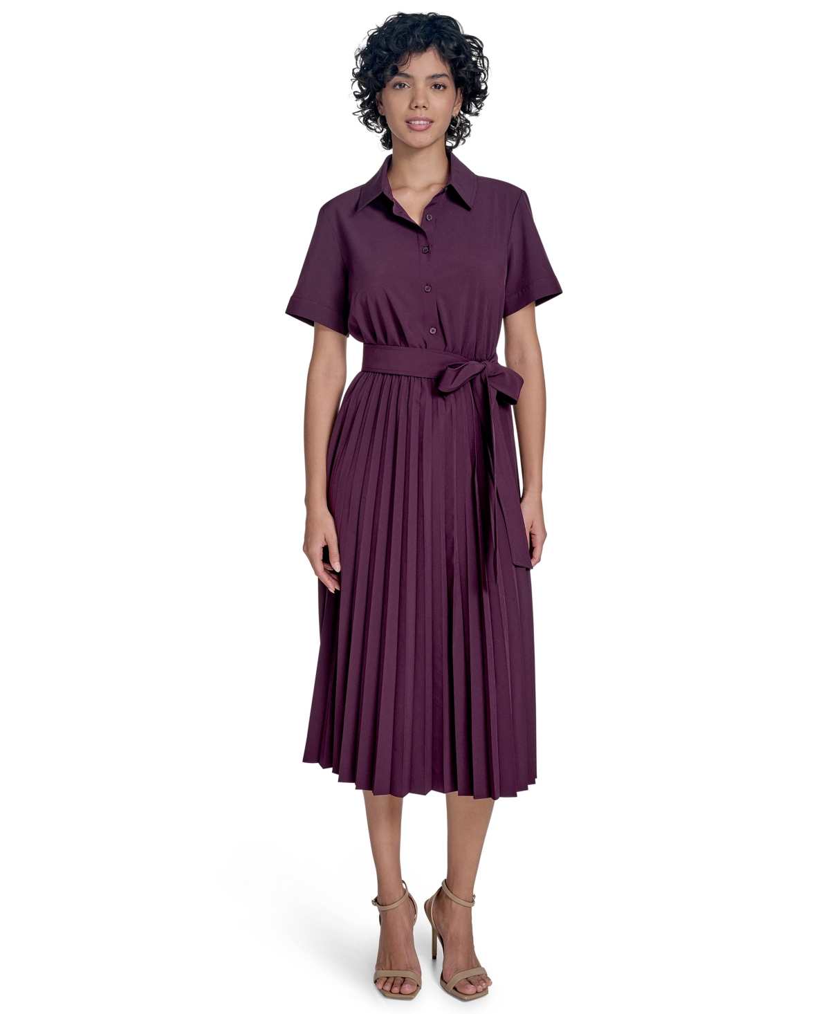 Women's Short-Sleeve Pleated-Skirt Midi Dress - Aubergine