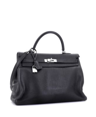 Pre-Owned Hermes Kelly 35 Handbag Black Clemence with Palladium Hardware