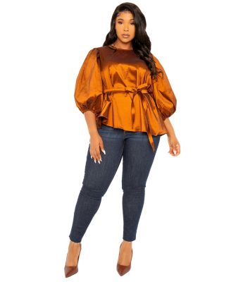Plus Size Tie Waist Voluminous Sleeve Blouse