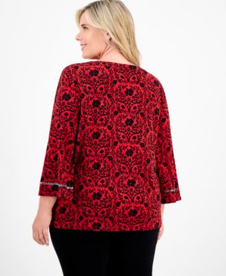 Plus Size Embellished V-Neck 3/4-Sleeve Top, Macy's Exclusive
