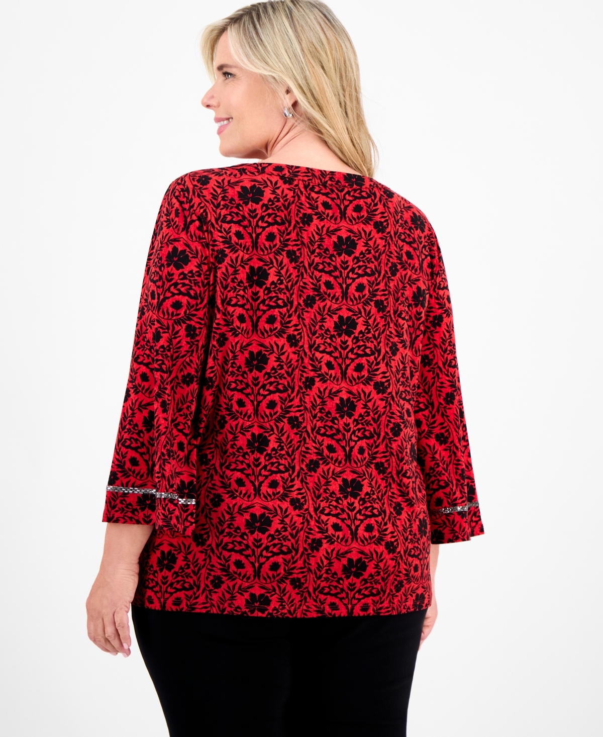 Jm Collection Plus Embellished V-Neck 3/4-Sleeve Top