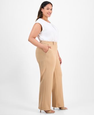 Plus Size Faux-Fly Straight-Leg Pants