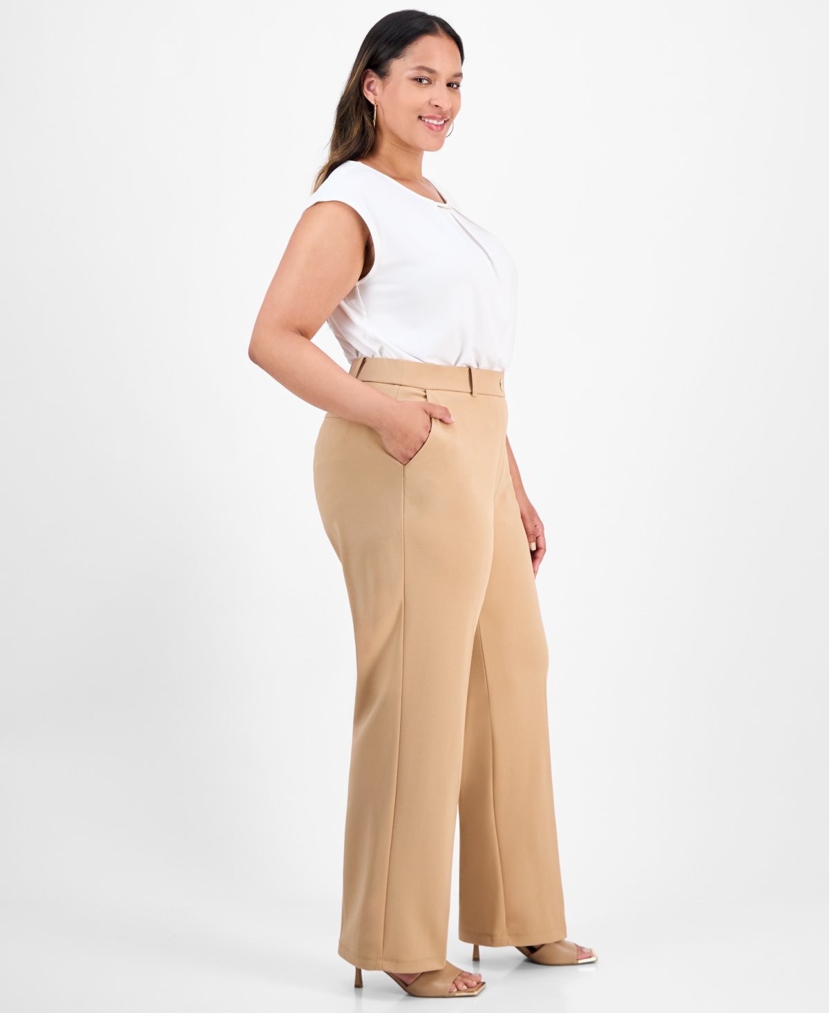 Kasper Plus Size Faux-fly Straight-leg Pants In Neutral