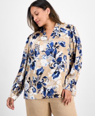 Kasper - Plus Size Pleated V-Neck Floral Print Blouse