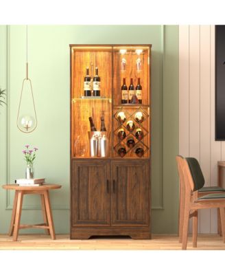 Modern style home bar cabinet with LED lights and tempered glass doors.
