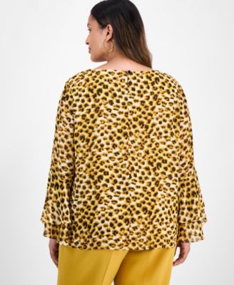 Plus Size Tiered Ruffle-Sleeve Printed Blouse