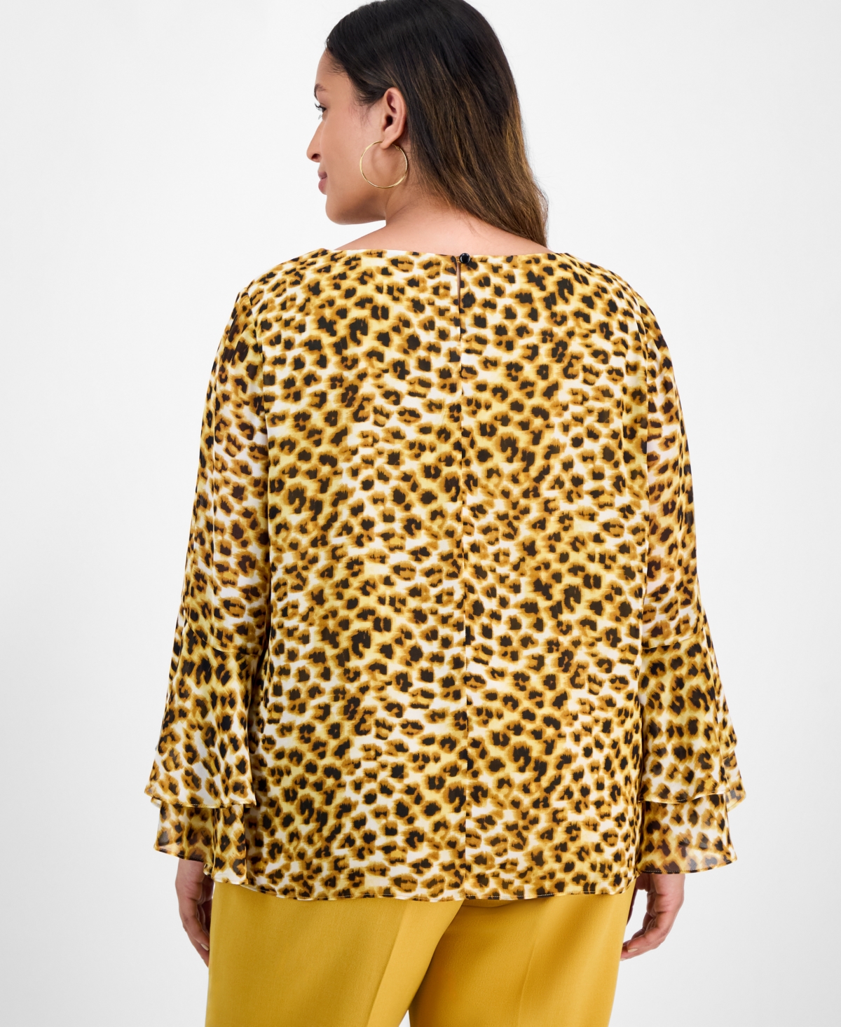 Kasper Plus Size Tiered Ruffle-sleeve Printed Blouse In Yellow