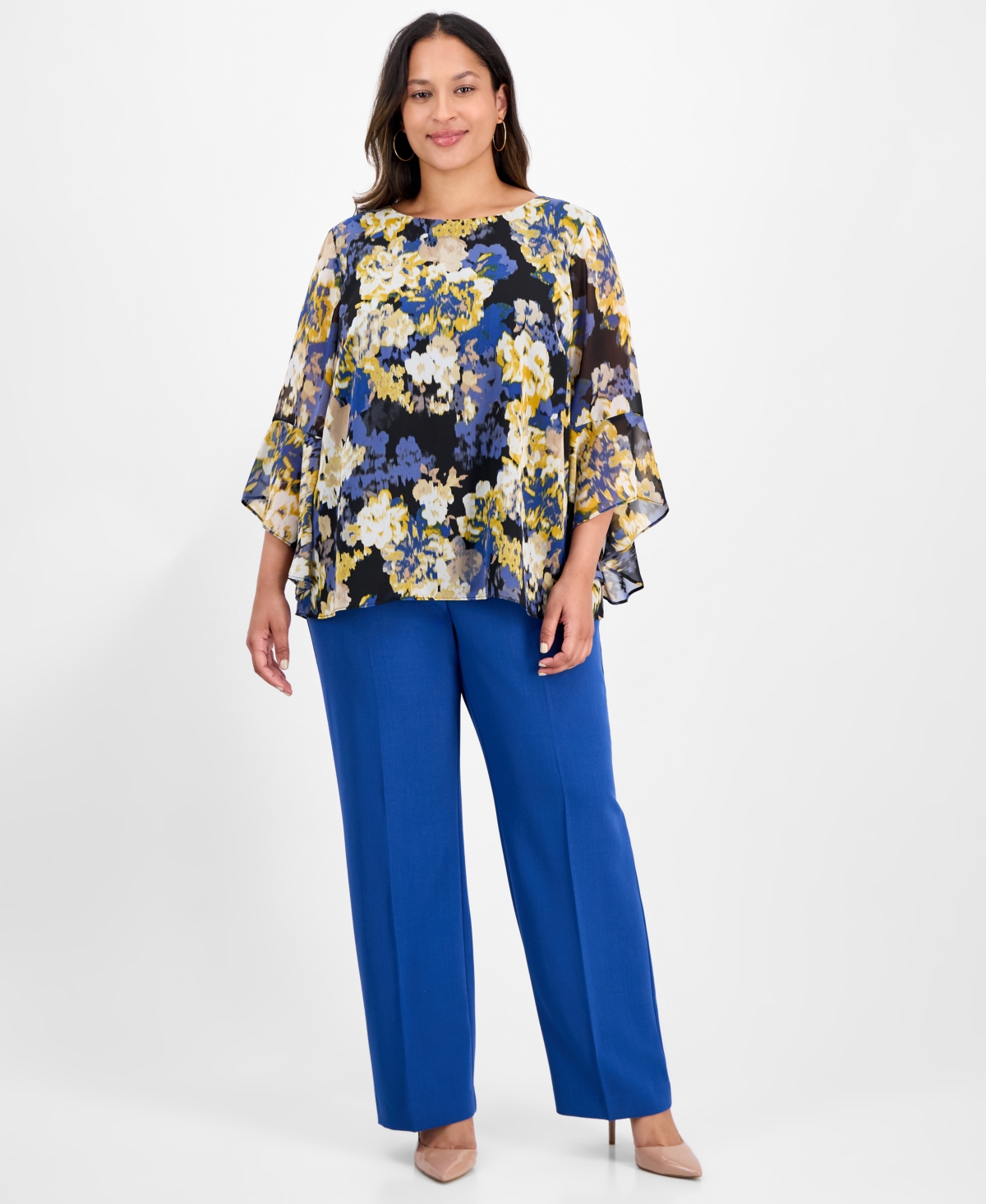Kasper Plus Size 3/4-ruffle Sleeve Printed Blouse In Multi