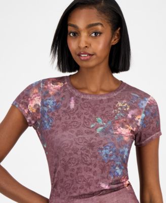 Women's Peony-Print Round-Neck Burnout T-Shirt 