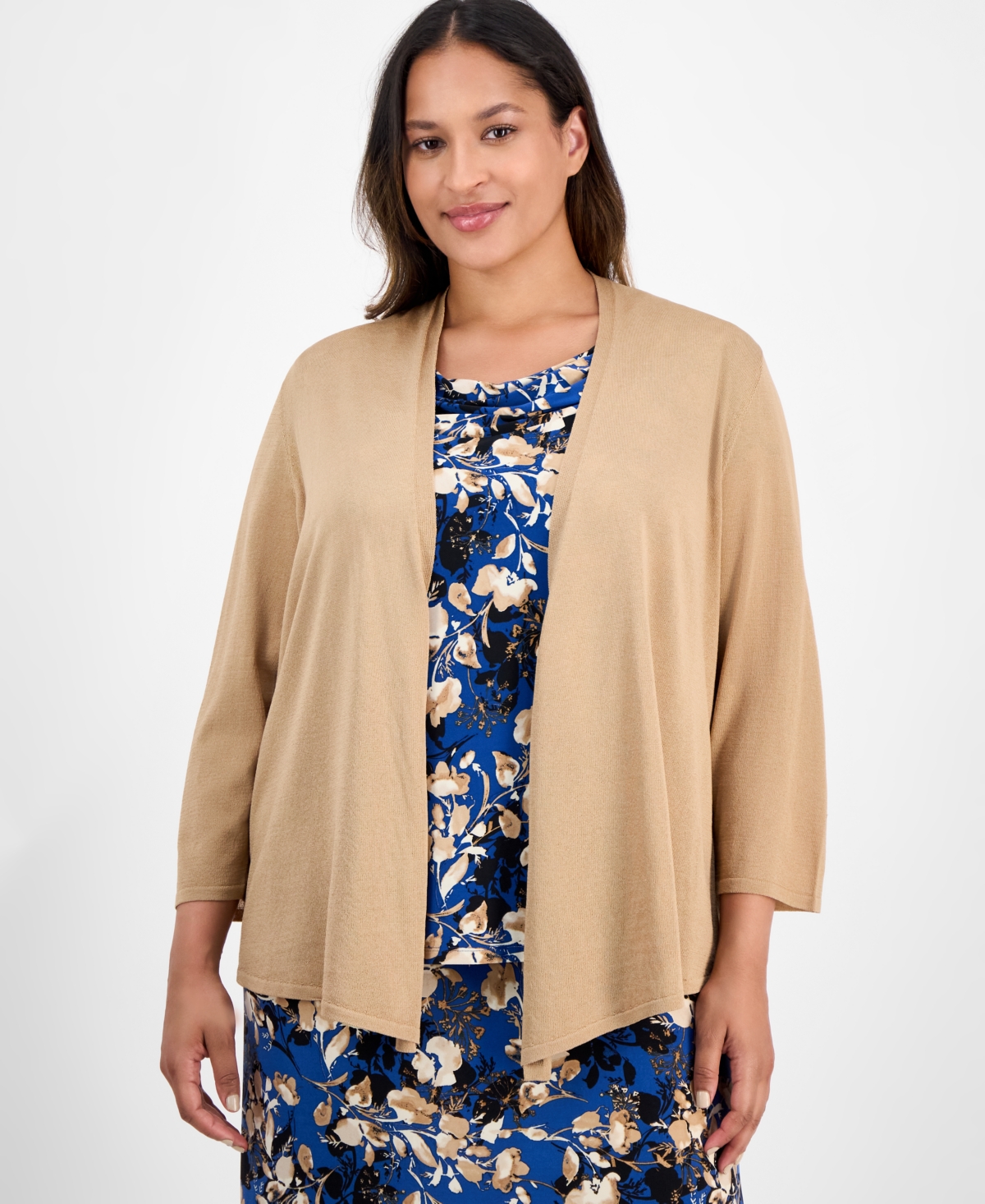 Kasper Plus Size 3/4-sleeve Open-front Cardigan In Sand