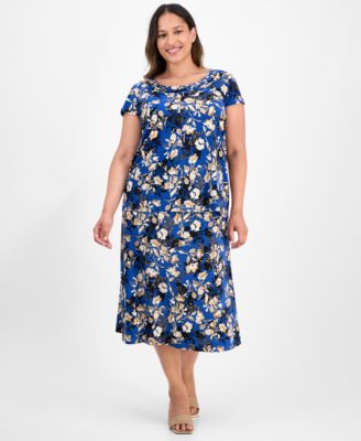 Plus Size Printed Cap-Sleeve Cowlneck Blouse