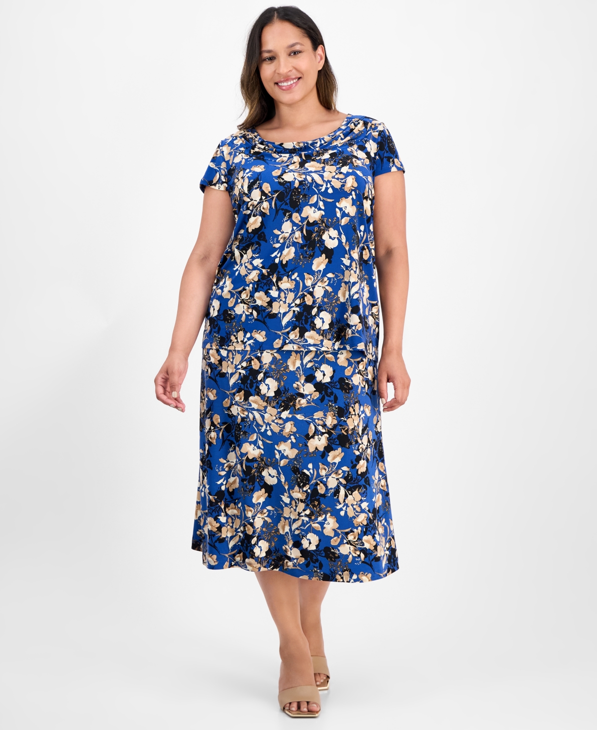 Kasper Plus Size Printed Cap-sleeve Cowlneck Blouse