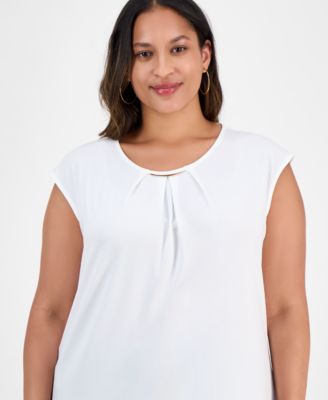 Plus Size Pleat-Neck Cap-Sleeve Blouse