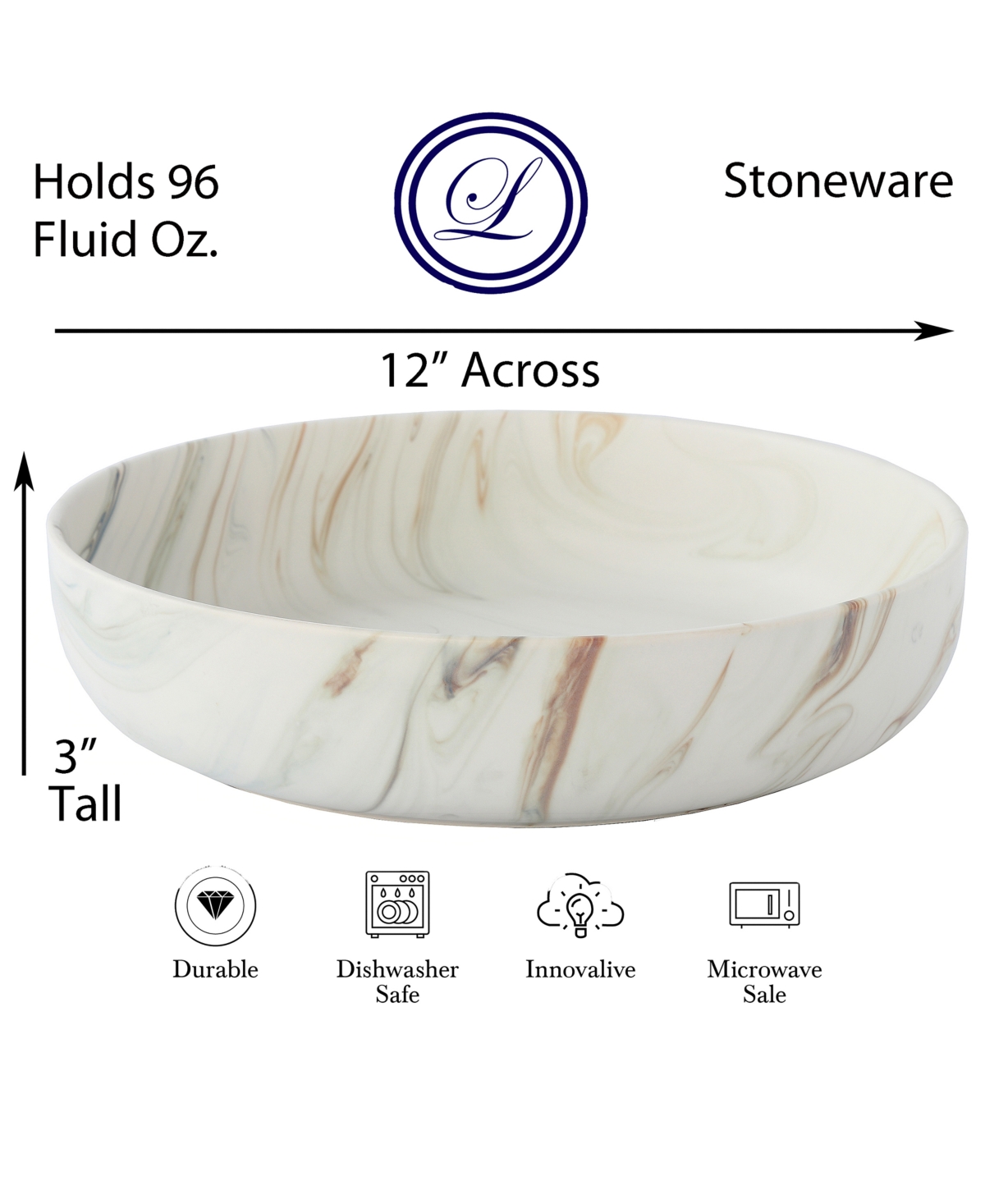 Lorren Home Trends Shiny Marble Pattern Serving Bowl, 96-oz. In Sand