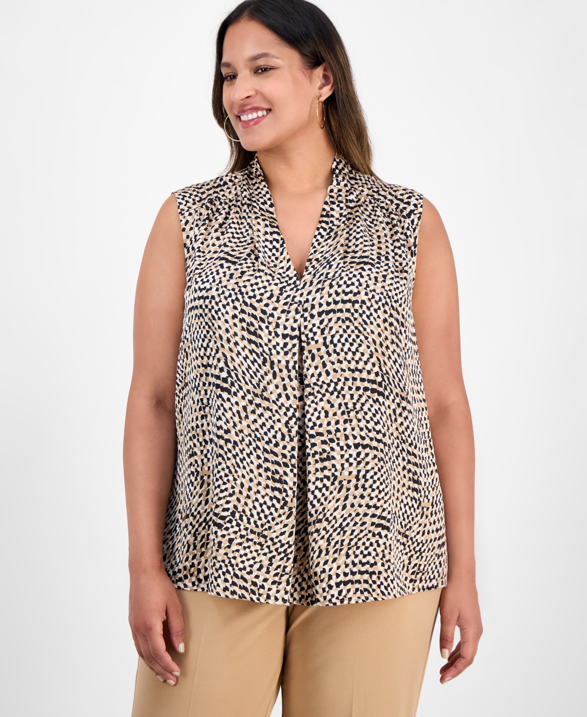 Kasper Plus V-Neck Pleated-Front Top