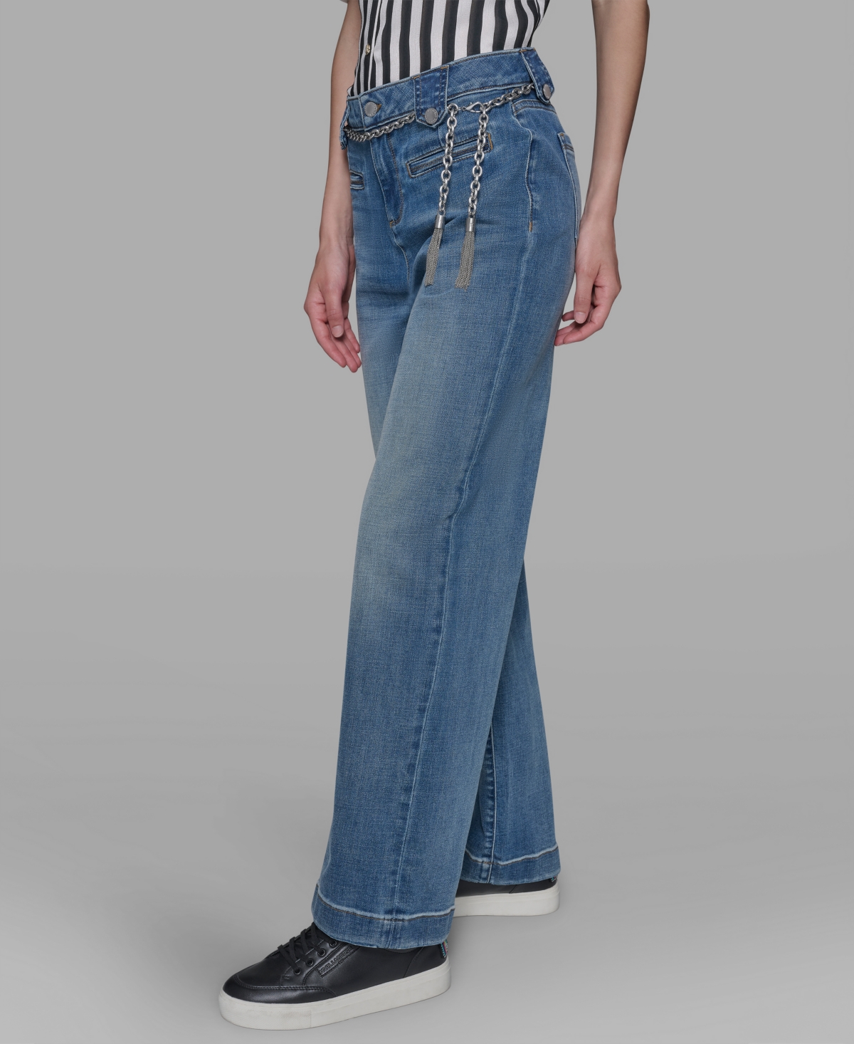 Karl Lagerfeld Petite Chain Belt High Rise Wide Leg Jeans In Blue