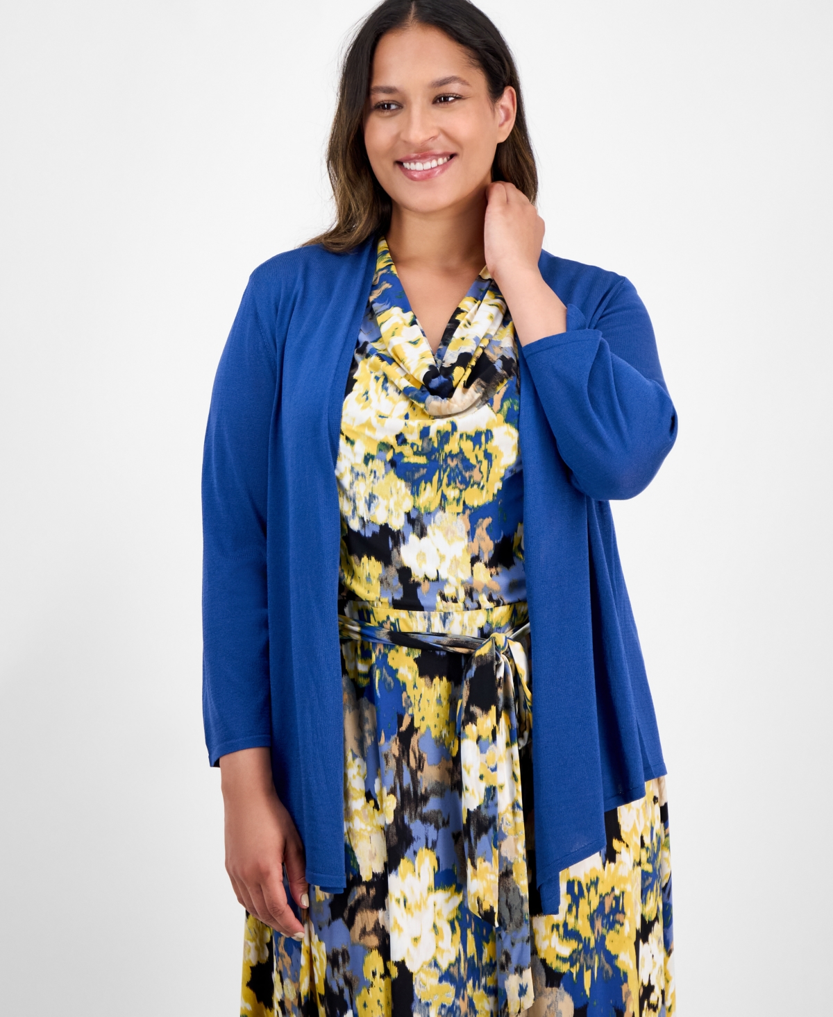 Kasper Plus Size 3/4-sleeve Open-front Cardigan In Blue